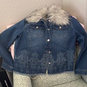 Chico's Blue Denim Jacket with Gray Faux Fur Collar and Embroidered Hem